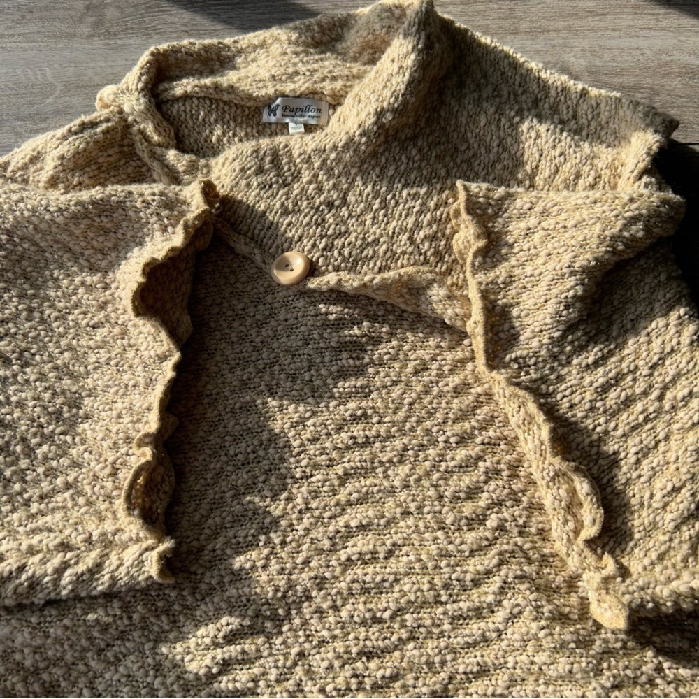 Papillon Soft Fuzzy Drape Collar Poncho Knit Cape in Tan - Picture 15 of 16
